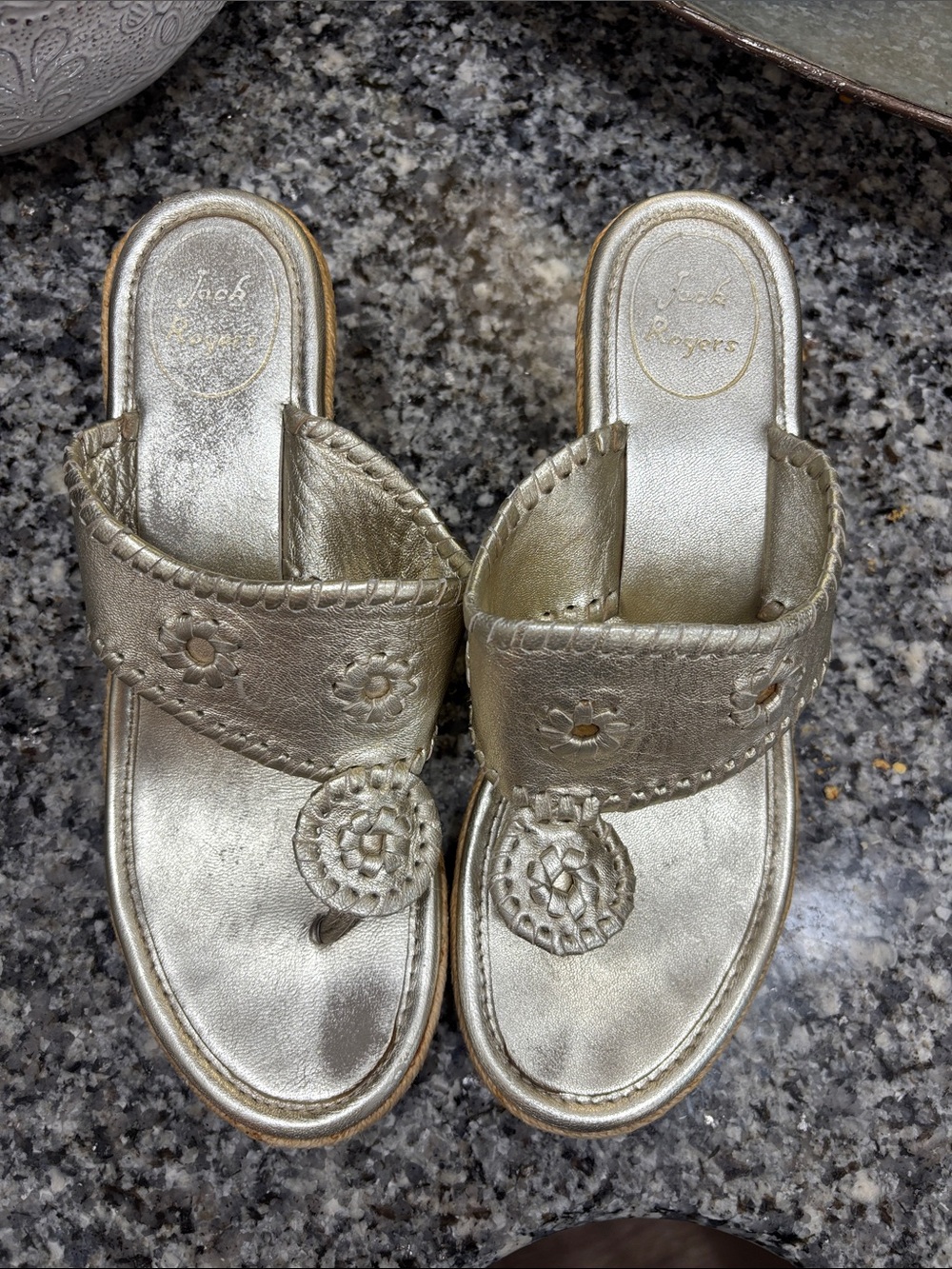 Jack Rogers Metallic Gold Leather Wedge Slide Sandals